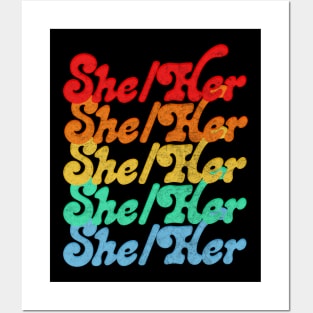 She / Her Pronouns - Retro Style Rainbow Design Posters and Art